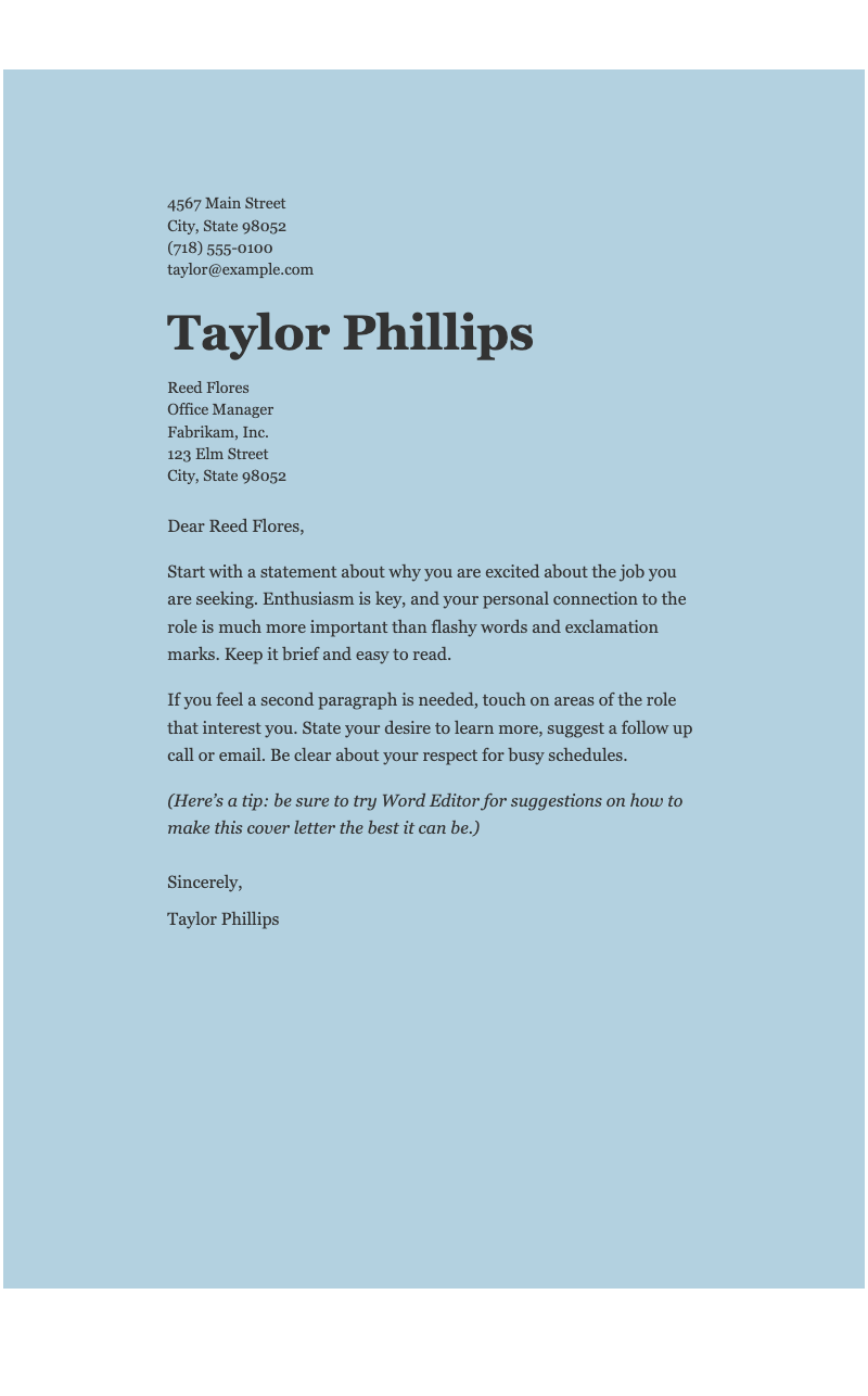 Clean elegant cover letter - Professional cover letter template with clear structure and personalized placeholders for job applications.